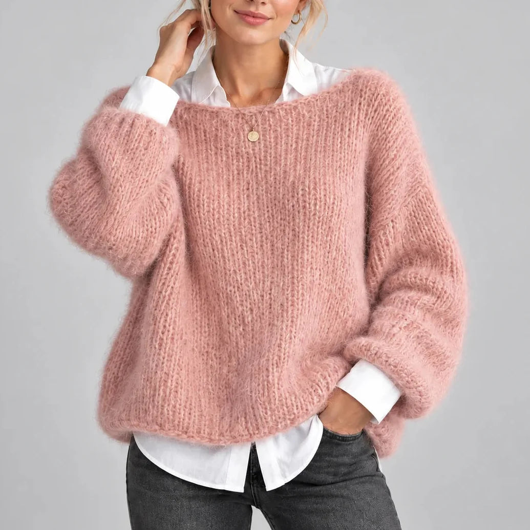 Women's Oversized Chunky Knit Balloon Sleeve Round-Neck Winter Jumper