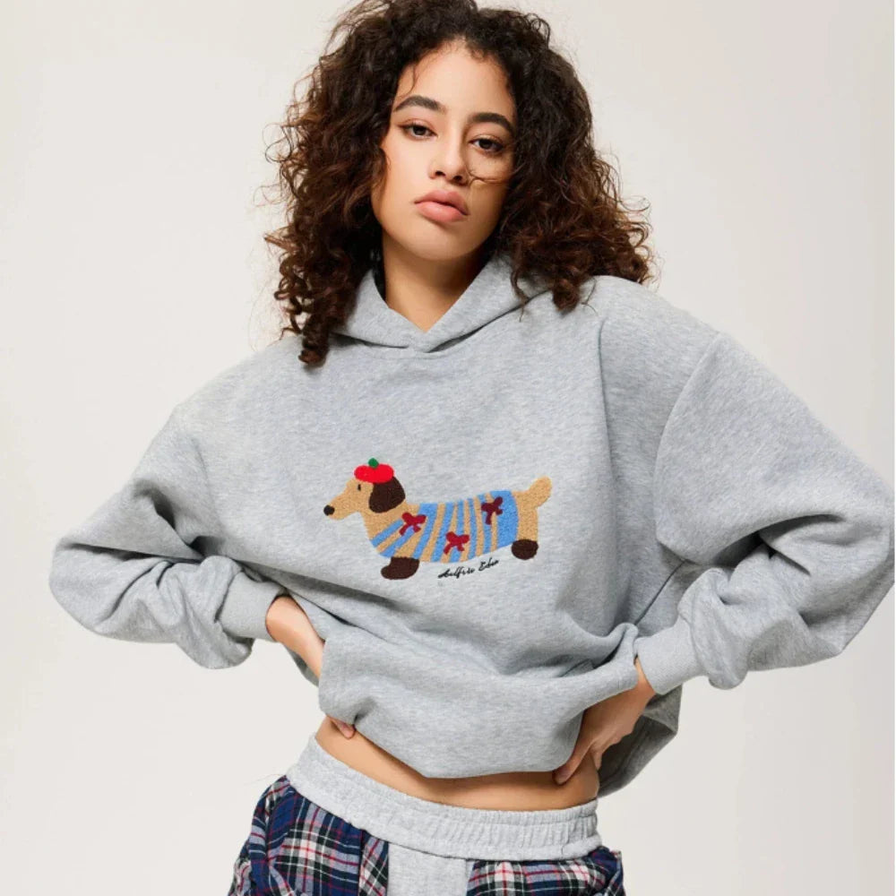 Women's Oversized Embroidered Dachshund Cotton Blend Autumn Hoodie