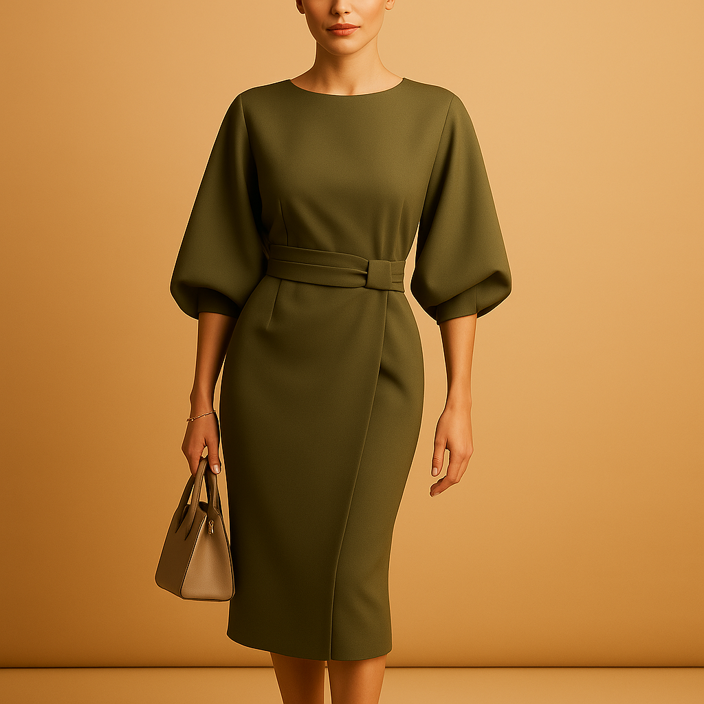 A-line midi dress with belt for women featuring flared sleeves and a tailored fit. Perfect for office wear, chic dinners, and semi-formal occasions.