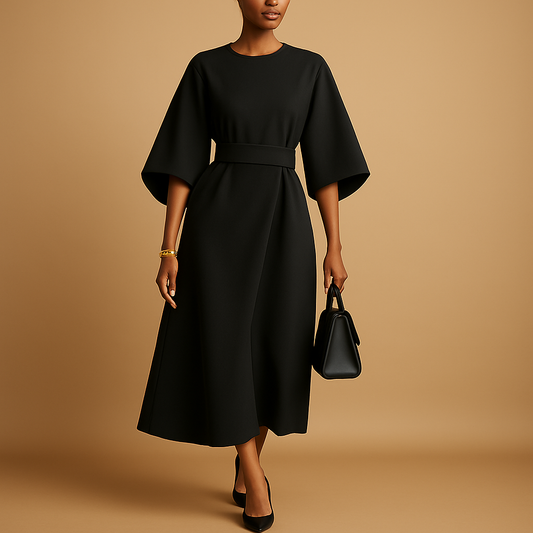 A-line midi dress with belt for women featuring flared sleeves and a tailored fit. Perfect for office wear, chic dinners, and semi-formal occasions.