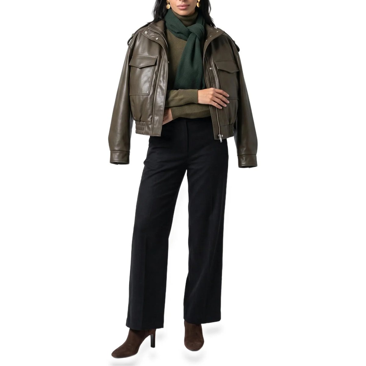 Women's Cropped Faux Leather Ribbed Cuff Autumn Bomber Jacket