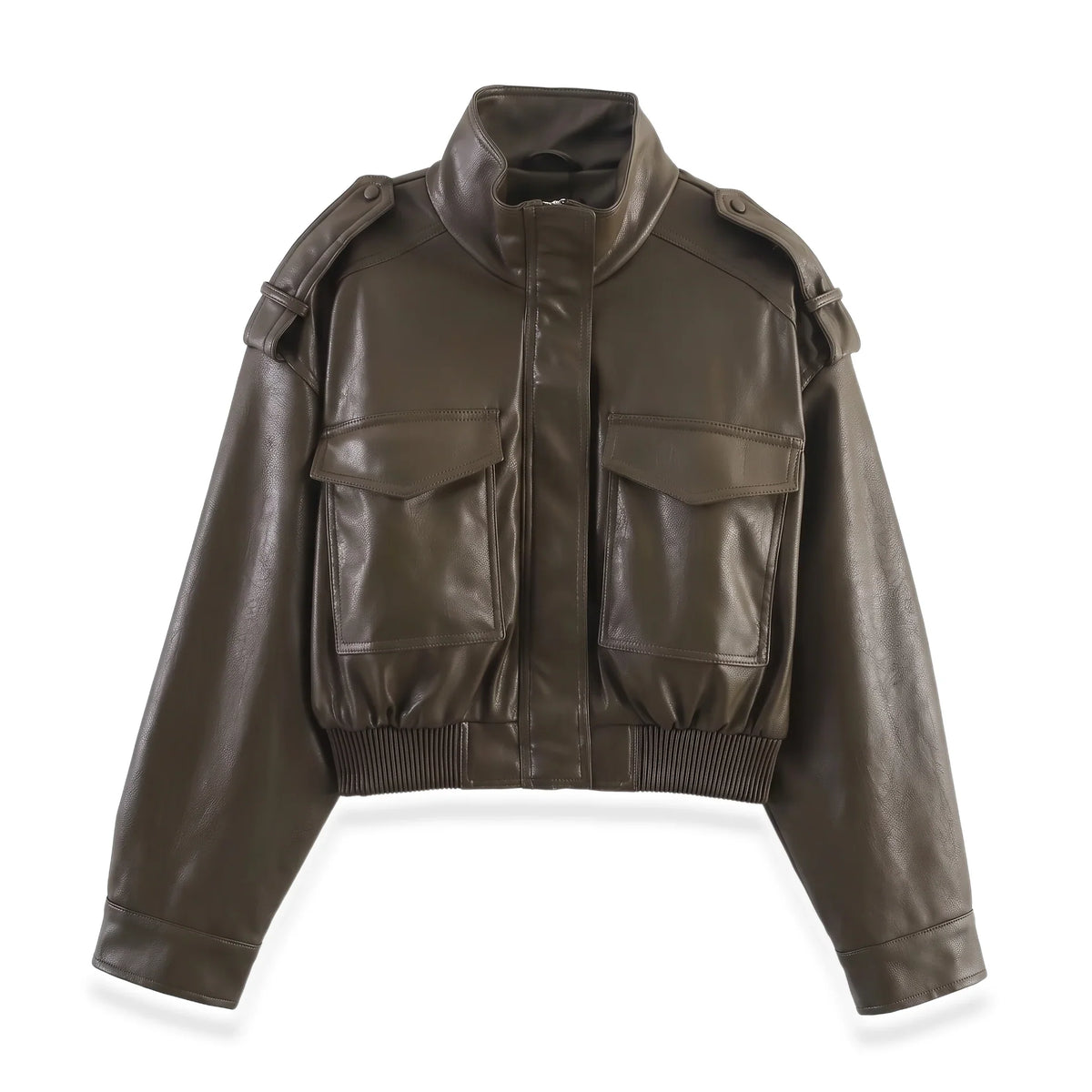 Women's Cropped Faux Leather Ribbed Cuff Autumn Bomber Jacket