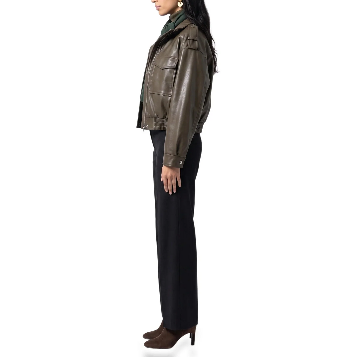 Women's Cropped Faux Leather Ribbed Cuff Autumn Bomber Jacket