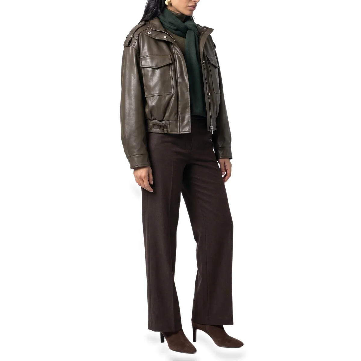Women's Cropped Faux Leather Ribbed Cuff Autumn Bomber Jacket