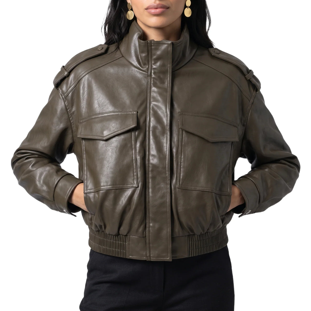 Women's Cropped Faux Leather Ribbed Cuff Autumn Bomber Jacket