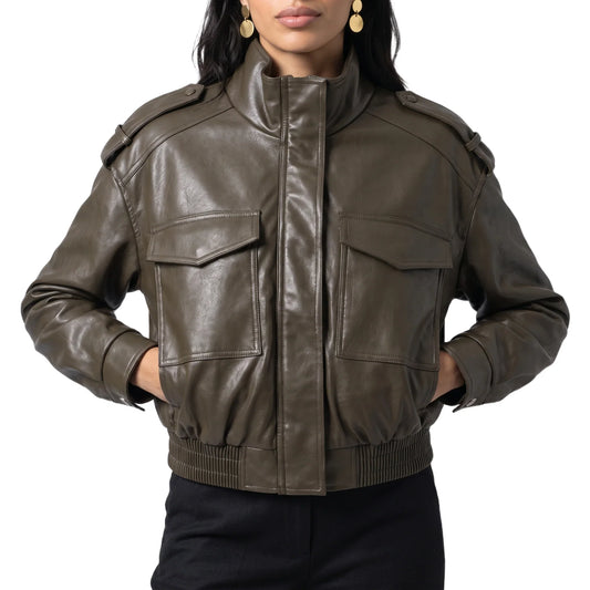 Women's Cropped Faux Leather Ribbed Cuff Autumn Bomber Jacket