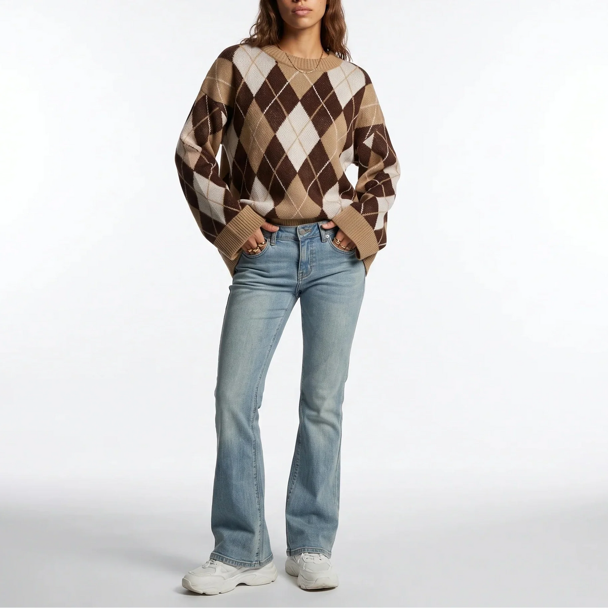 Women's Diamond Pattern Round-Neck Long-Sleeve Knit Winter Jumper