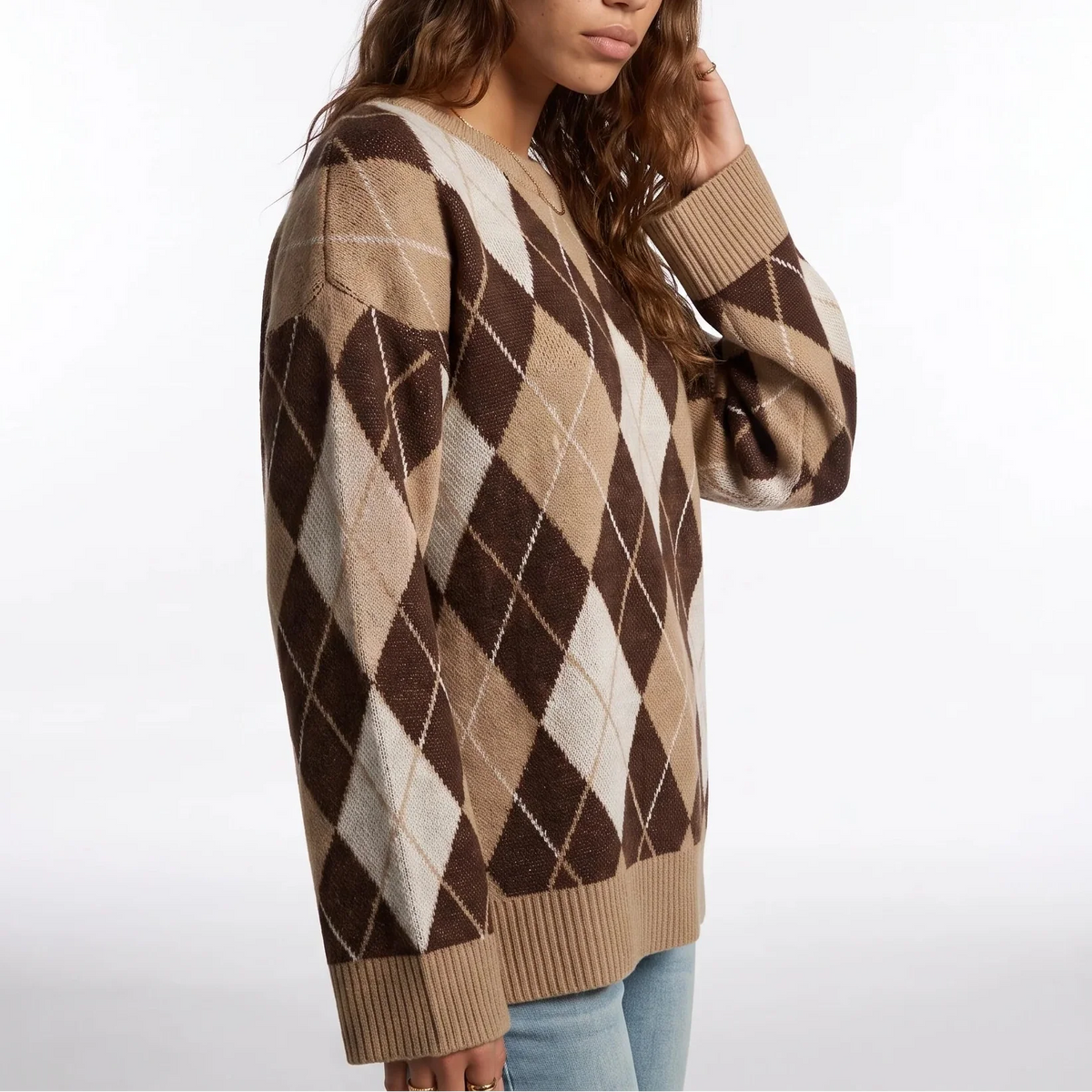 Women's Diamond Pattern Round-Neck Long-Sleeve Knit Winter Jumper