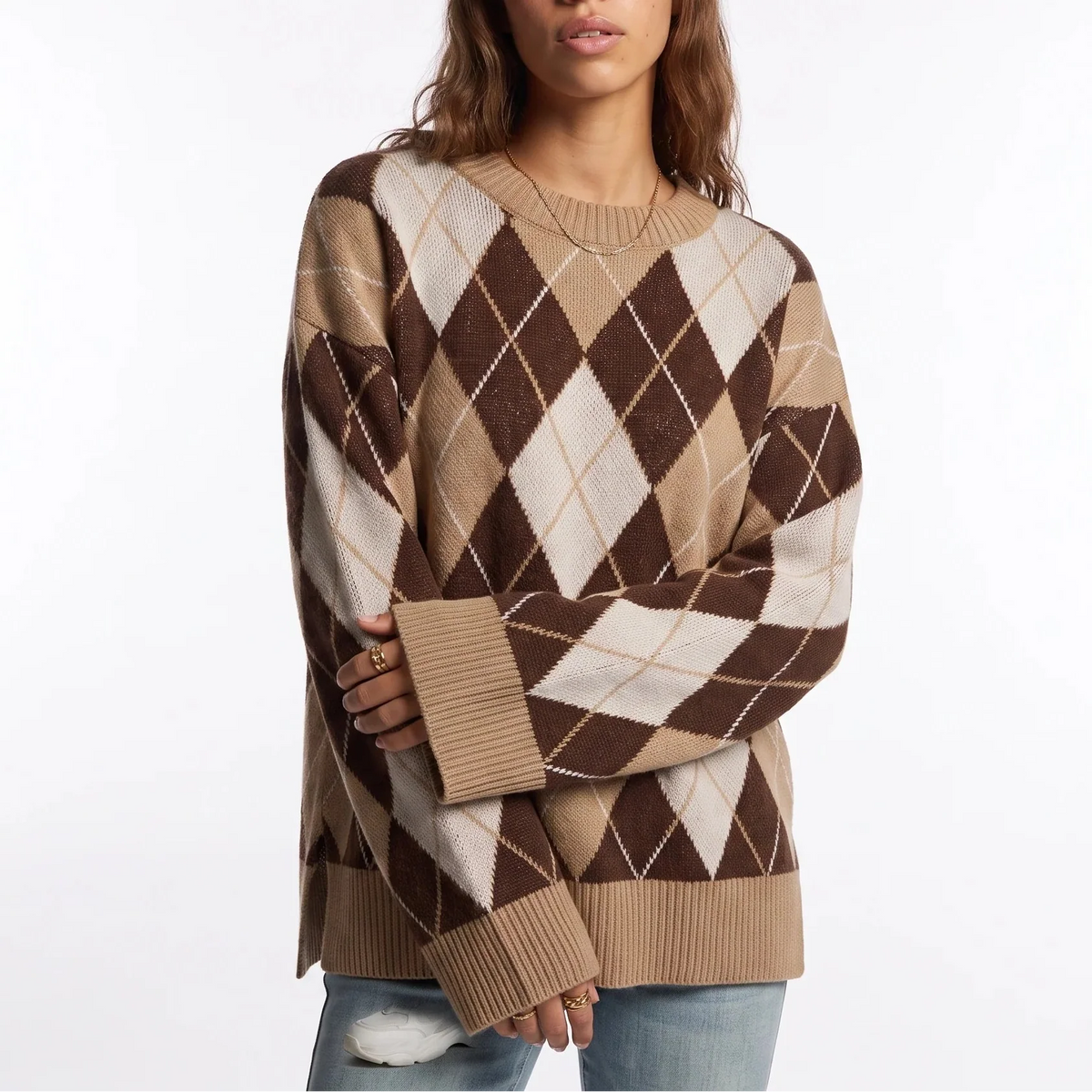 Women's Diamond Pattern Round-Neck Long-Sleeve Knit Winter Jumper