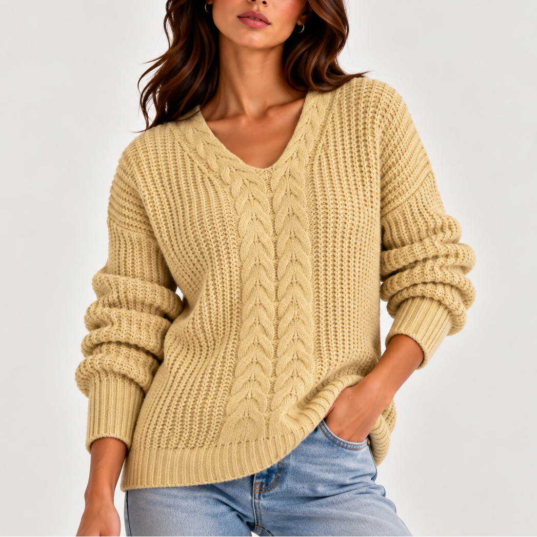 Women's Relaxed Fit Cable Front V-Neck Long-Sleeve Winter Jumper