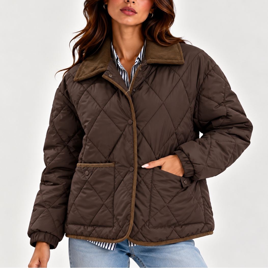 Women's Diamond Quilted Corduroy Collar Snap-Button Autumn Jacket