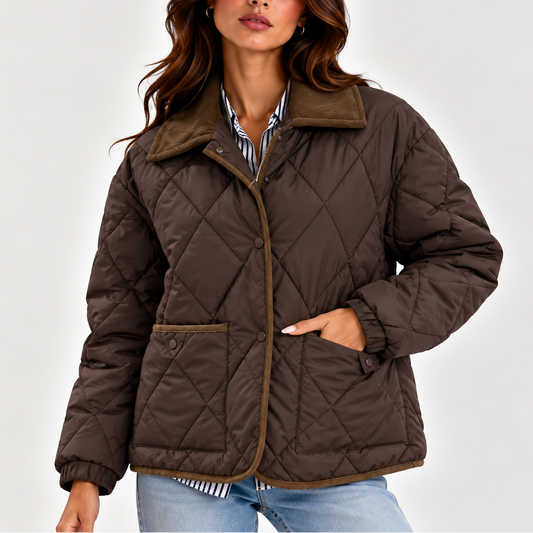 Women's Diamond Quilted Corduroy Collar Snap-Button Autumn Jacket