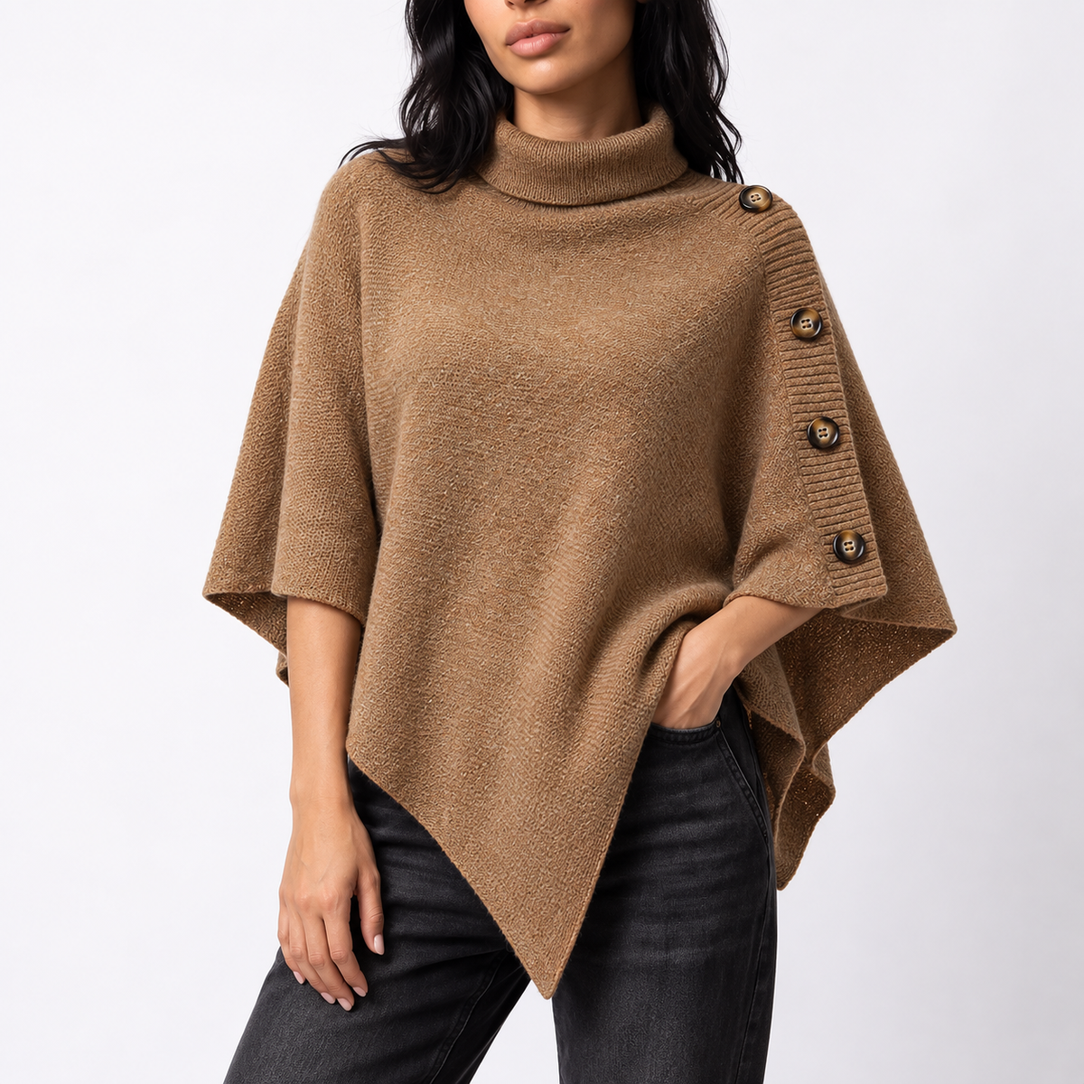 Women's Knitted Roll-Neck Button Detail Asymmetric Hem Winter Poncho