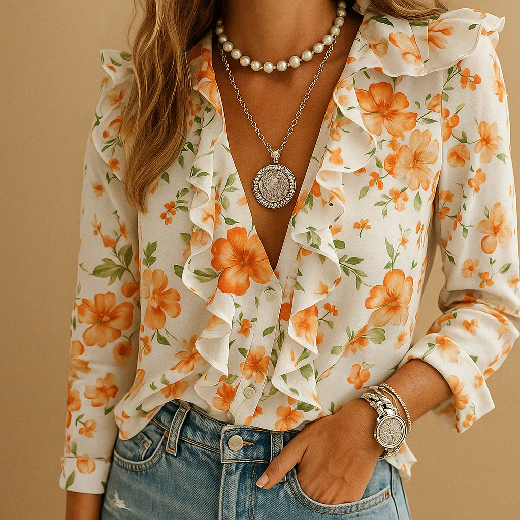Women’s ruffled blouse with butterfly print in orange, white, pink, and more, ideal for office wear or stylish casual outfits.