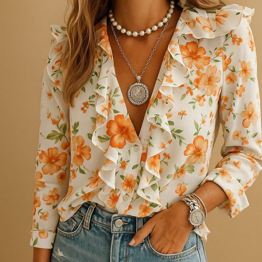 Women’s ruffled blouse with butterfly print in orange, white, pink, and more, ideal for office wear or stylish casual outfits.