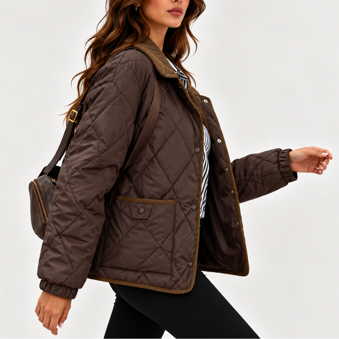 Women's Diamond Quilted Corduroy Collar Snap-Button Autumn Jacket