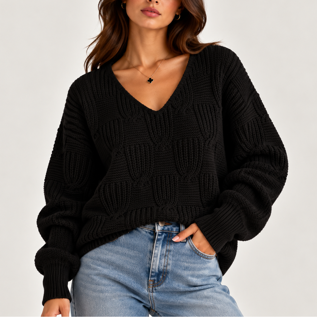 Women's Oversized All-Over Cable Knit V-Neck Winter Jumper