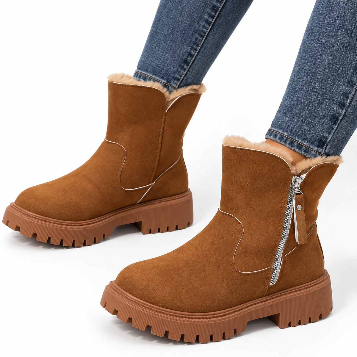 Women's Faux Suede Faux Fur Lined Side-Zip Lug Sole Winter Ankle Boots