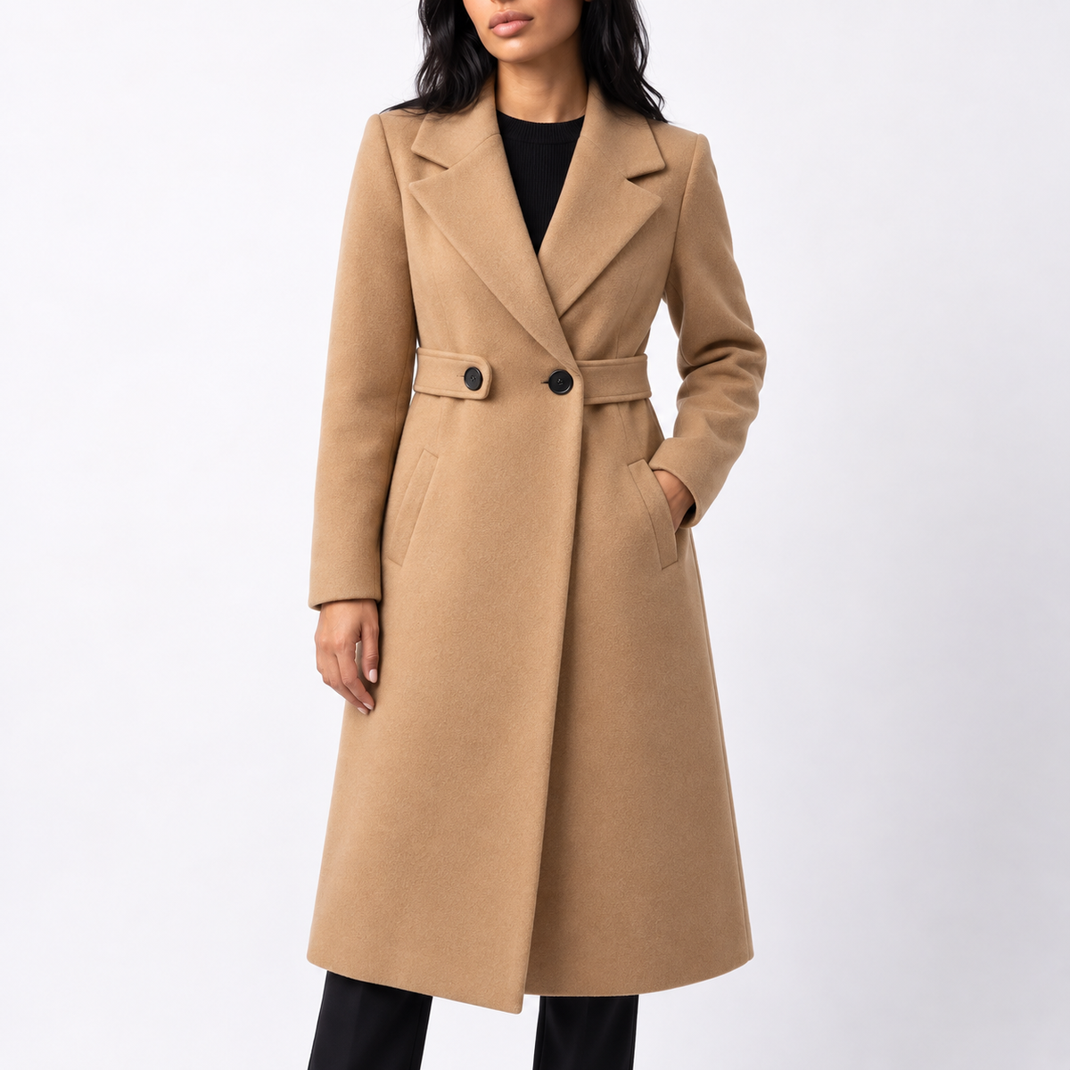 Women's Long Belted Wool Wide Lapel Winter Coat with Side Pockets