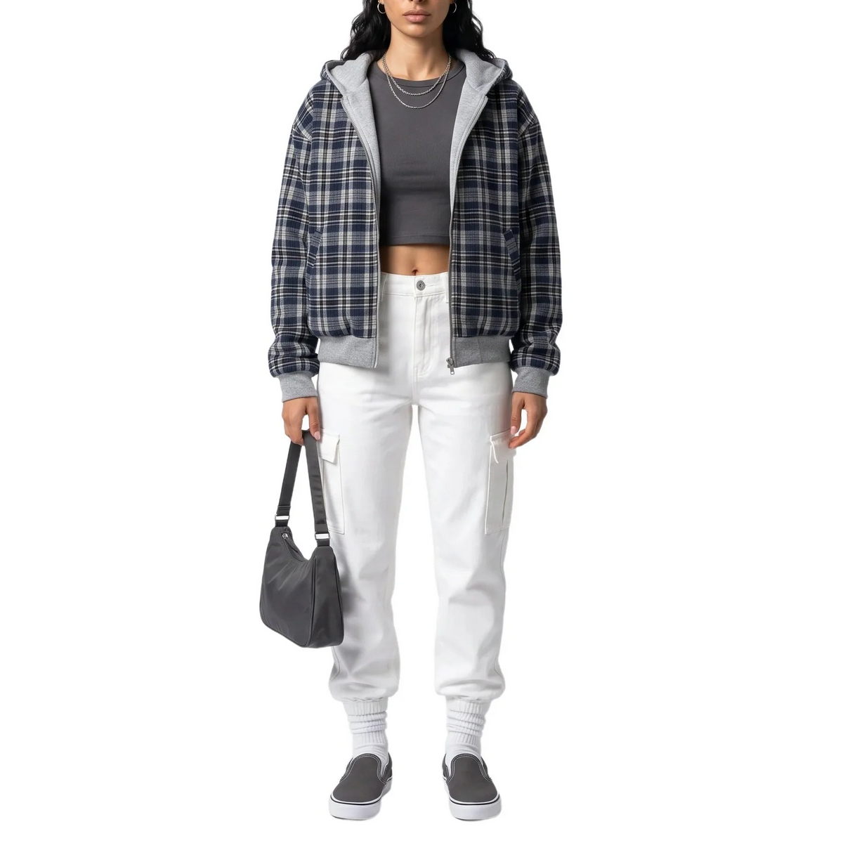 Women's Reversible Cropped Hooded Zip-Up Check Autumn Jacket