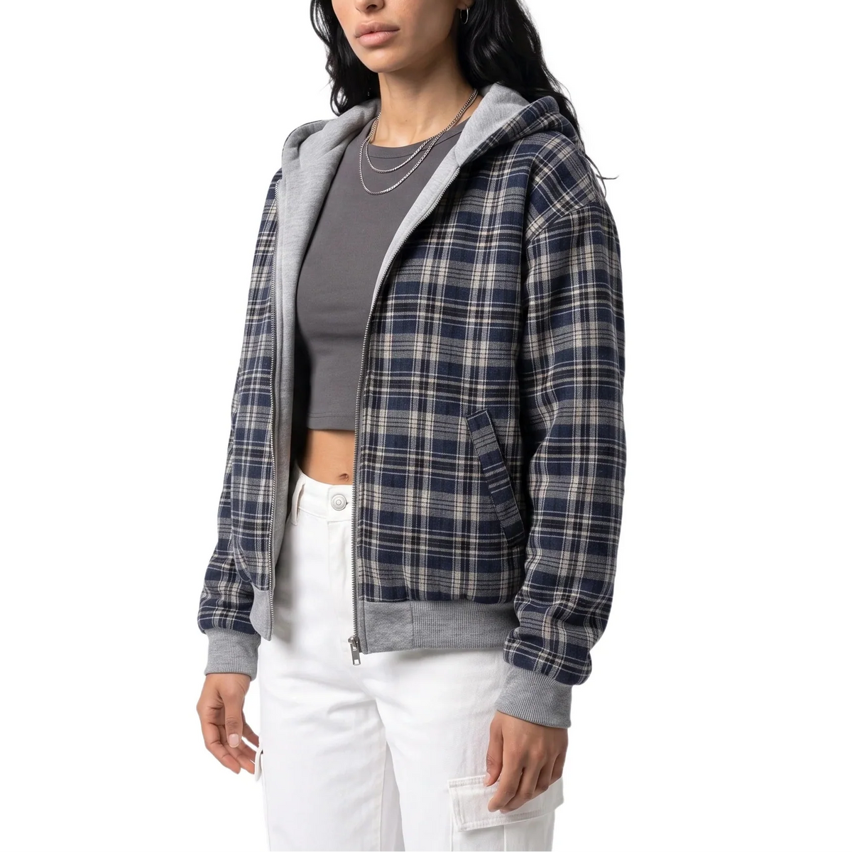 Women's Reversible Cropped Hooded Zip-Up Check Autumn Jacket