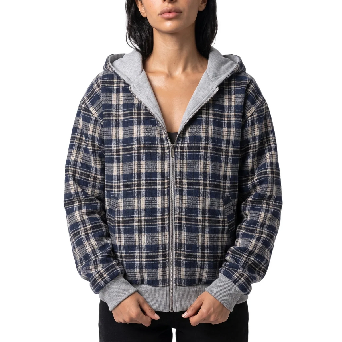 Women's Reversible Cropped Hooded Zip-Up Check Autumn Jacket