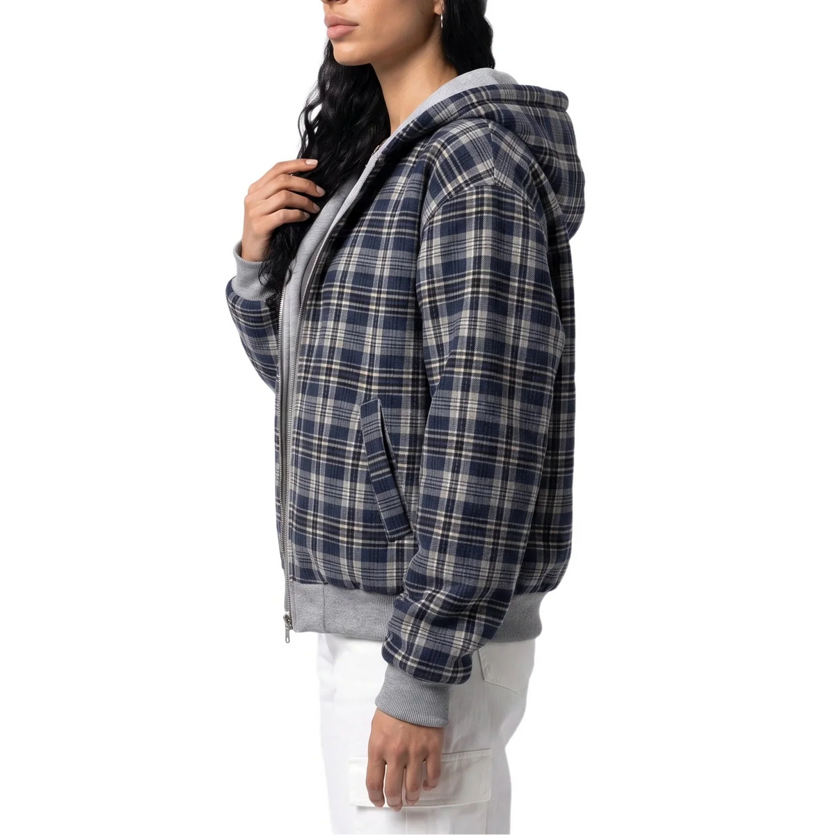 Women's Reversible Cropped Hooded Zip-Up Check Autumn Jacket