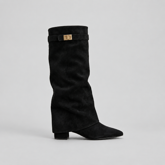 Women's Slouch Knee-High Low Block Heel Buckle Strap Winter Boots