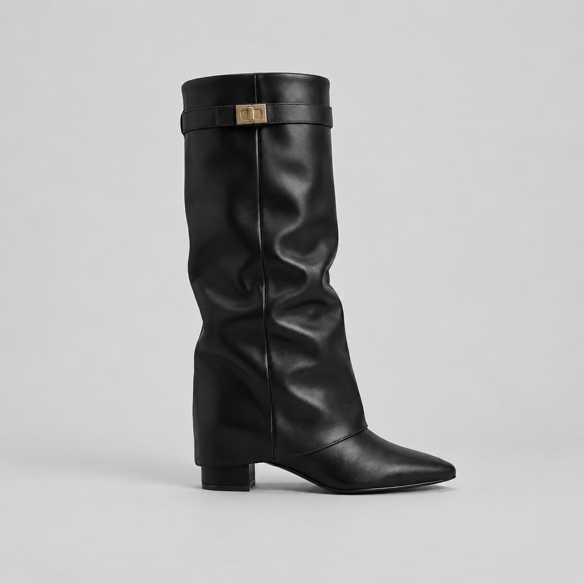 Women's Slouch Knee-High Low Block Heel Buckle Strap Winter Boots