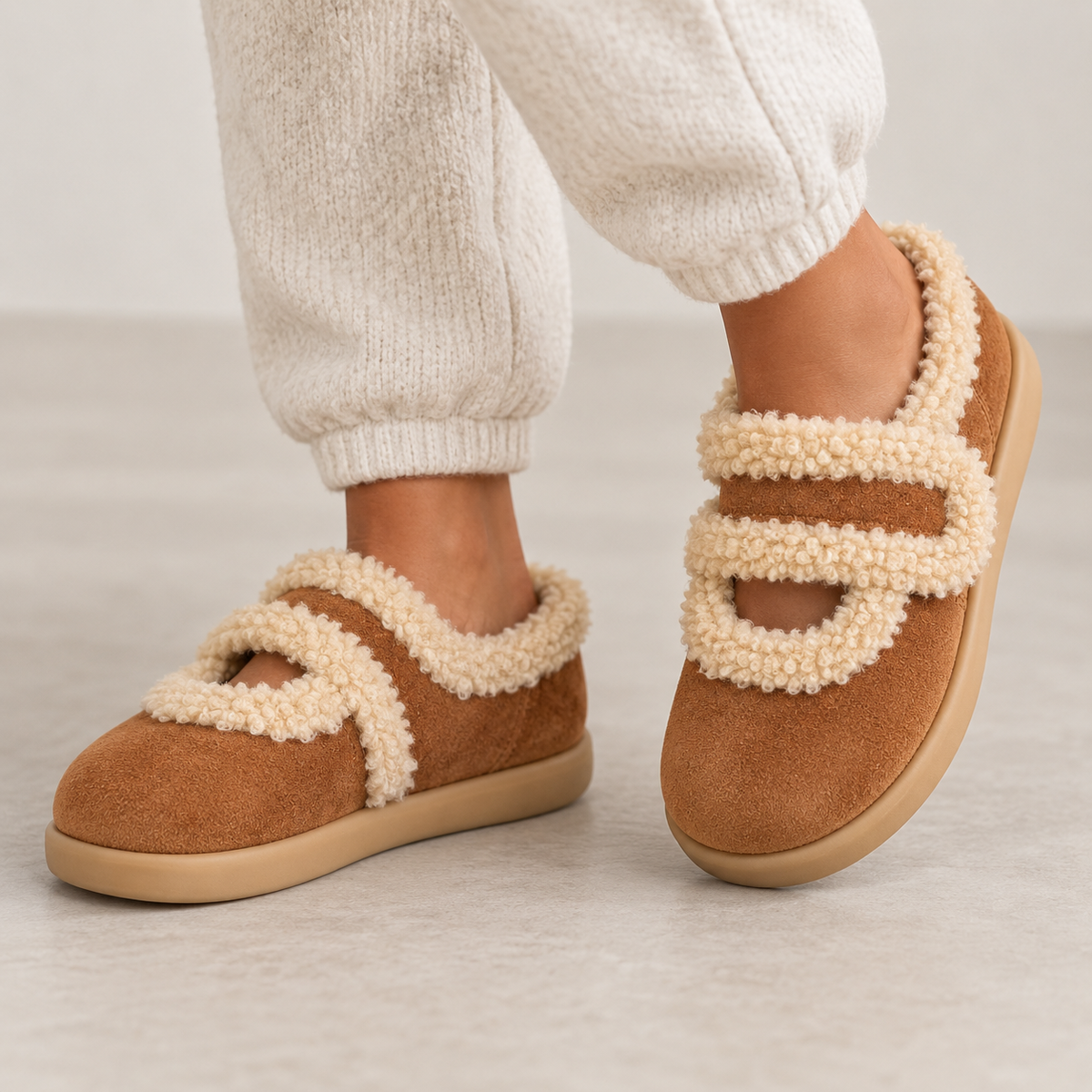 Women's Faux Suede Fluffy Strap Faux Fur Lined Slip-On Winter Slippers