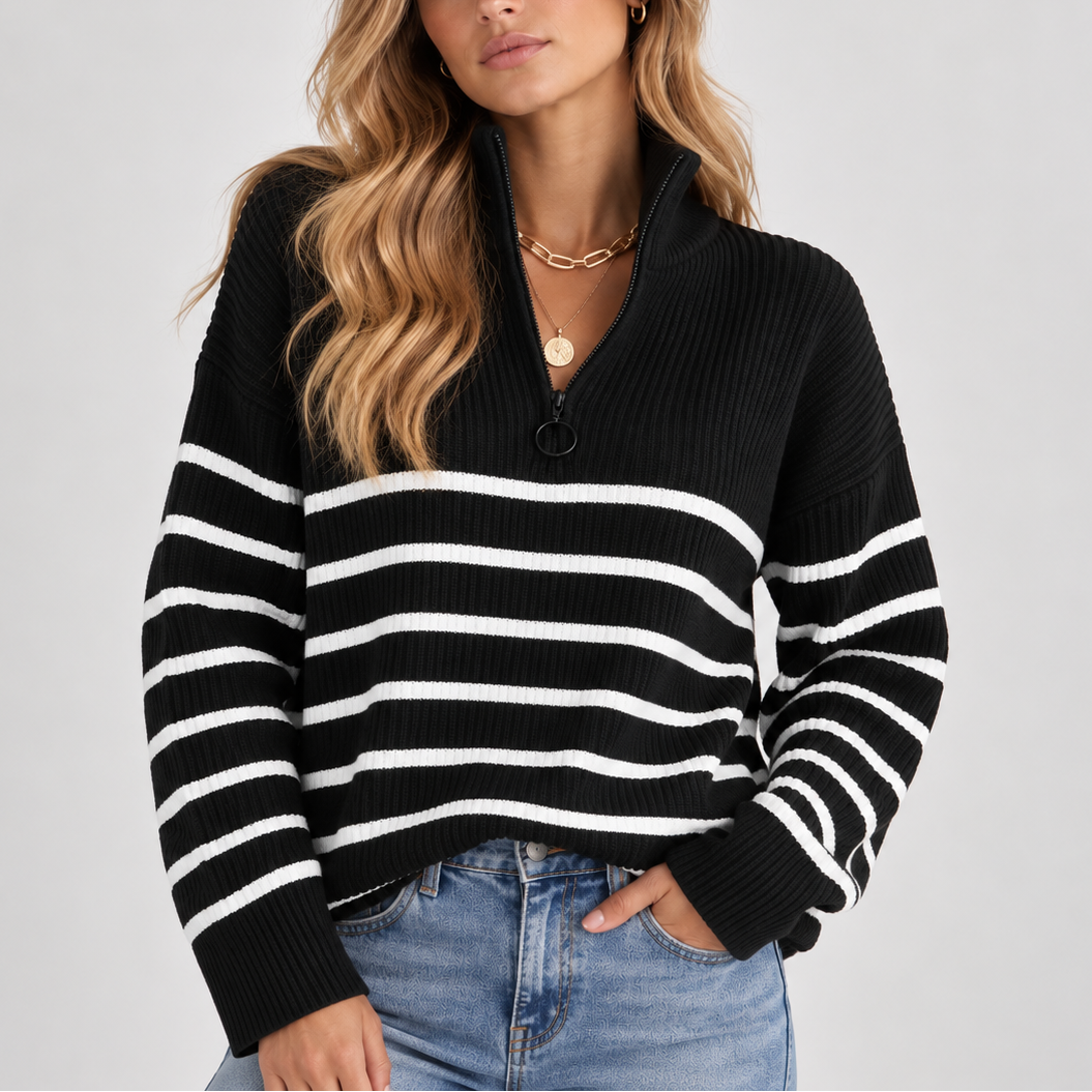Women's Striped Quarter-Zip Ribbed Knit Relaxed Fit Autumn Jumper
