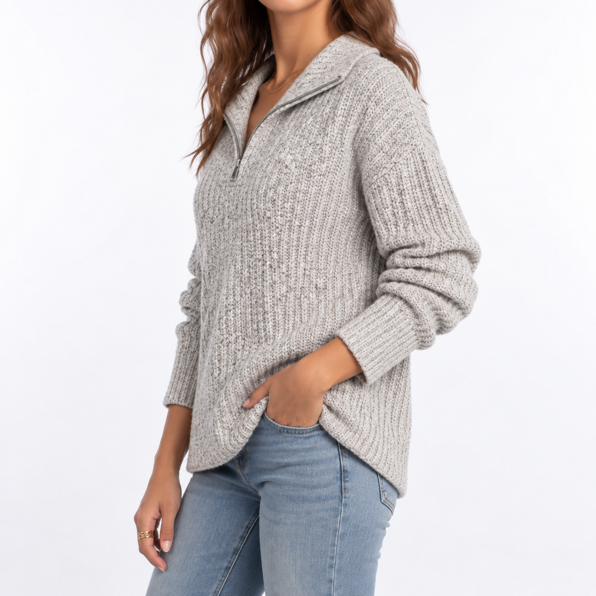 Women's Textured Knit Quarter-Zip Collared Split Hem Winter Jumper