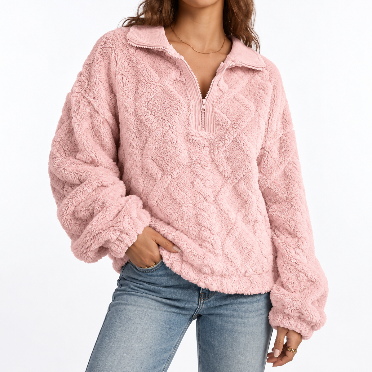 Women's Textured Cable Fleece Quarter-Zip Relaxed Fit Winter Pullover