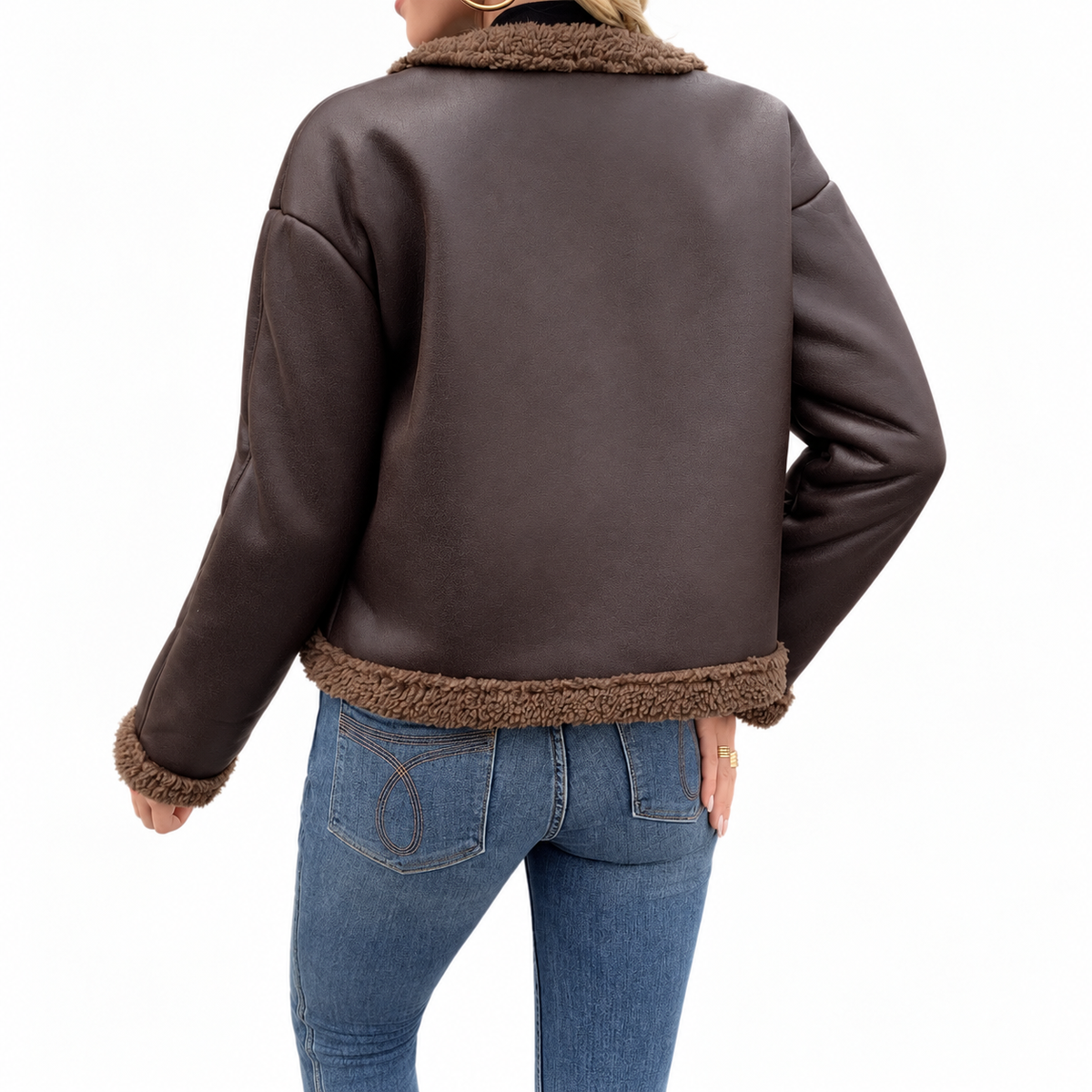 Women's Cropped Faux Leather Teddy Trim Flap Pocket Winter Jacket
