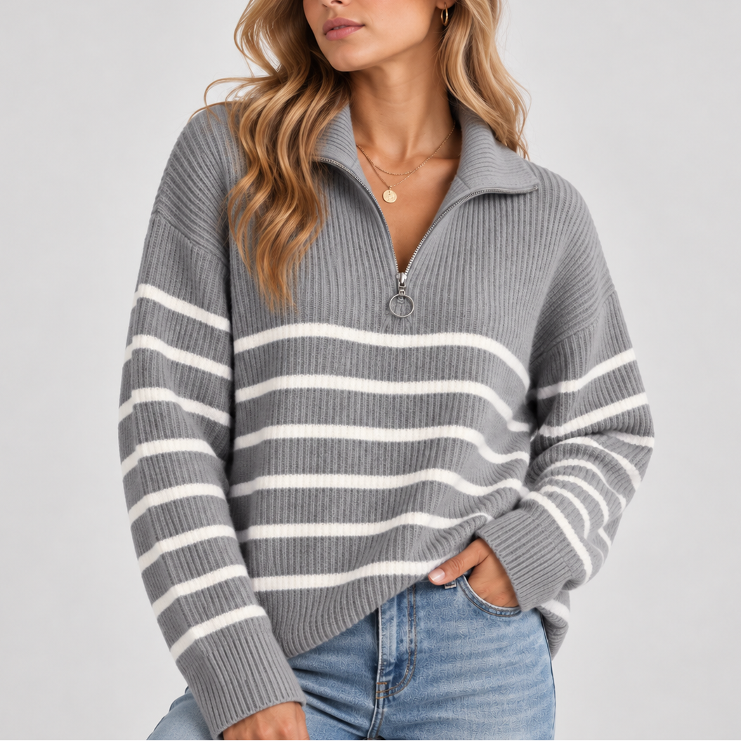 Women's Striped Quarter-Zip Ribbed Knit Relaxed Fit Autumn Jumper