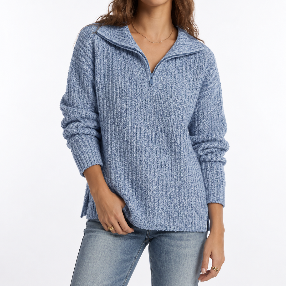 Women's Textured Knit Quarter-Zip Collared Split Hem Winter Jumper