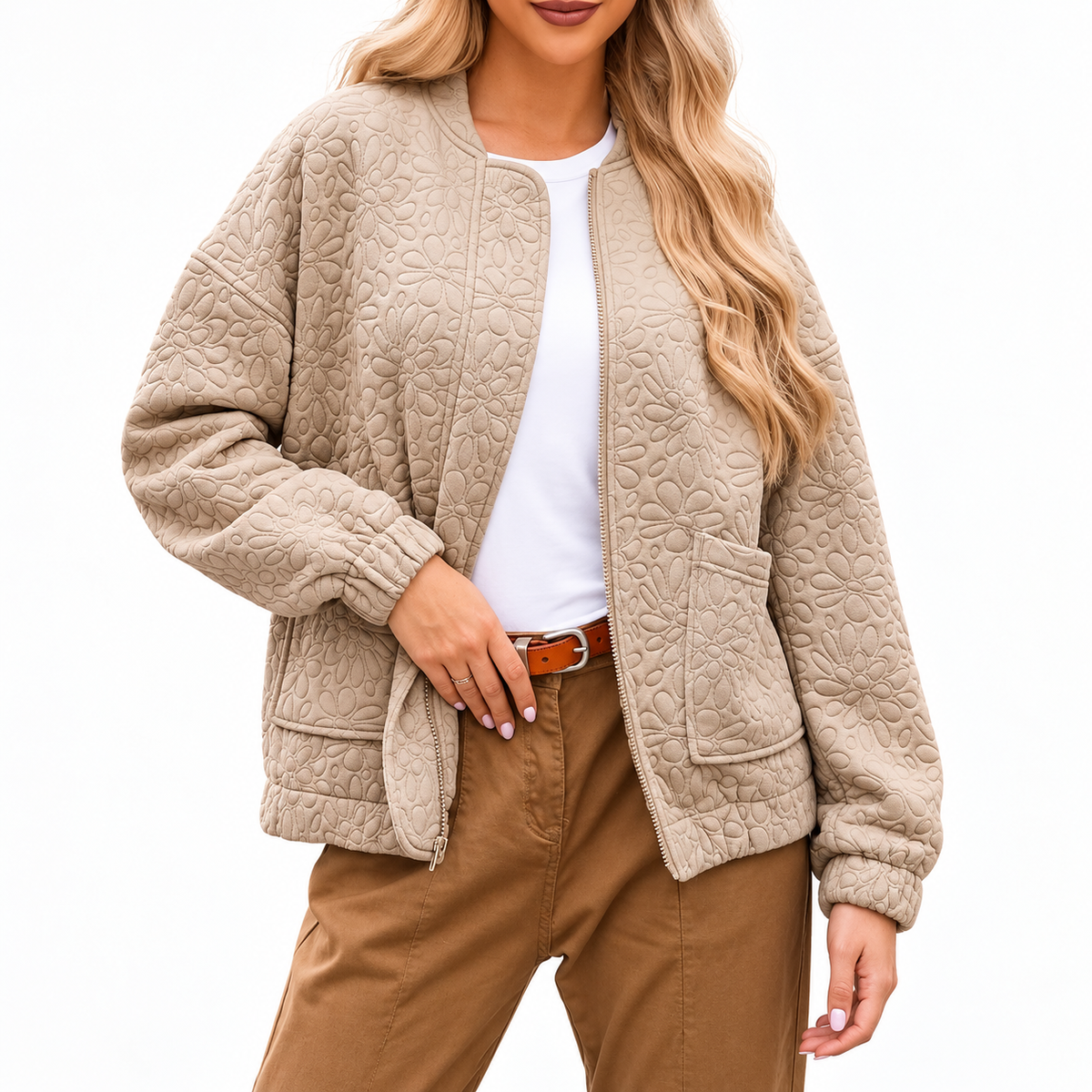 Women's Floral Quilted Round-Neck Zip-Up Patch Pocket Autumn Jacket