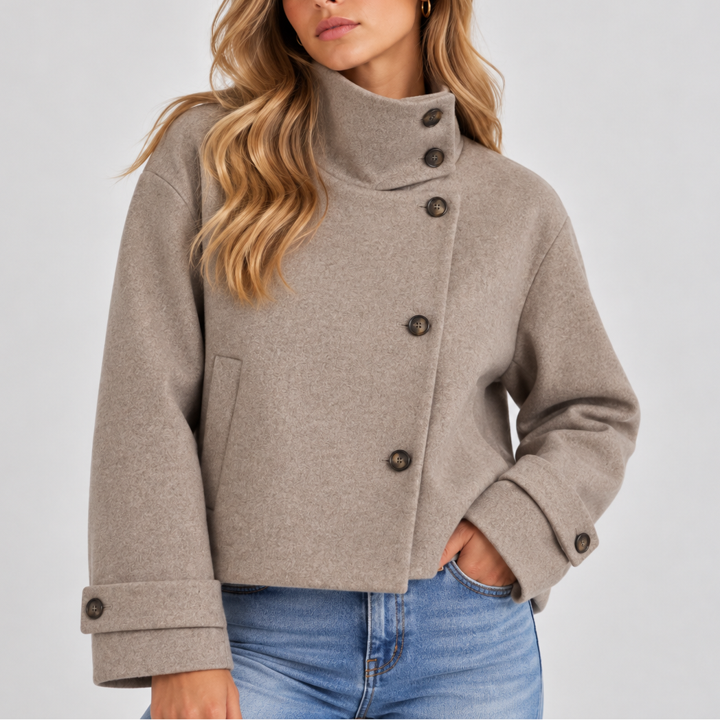 Women's High-Neck Cropped Wool-Look Asymmetric Button Winter Jacket