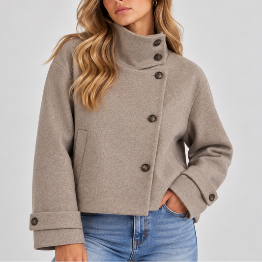 Women's High-Neck Cropped Wool-Look Asymmetric Button Winter Jacket