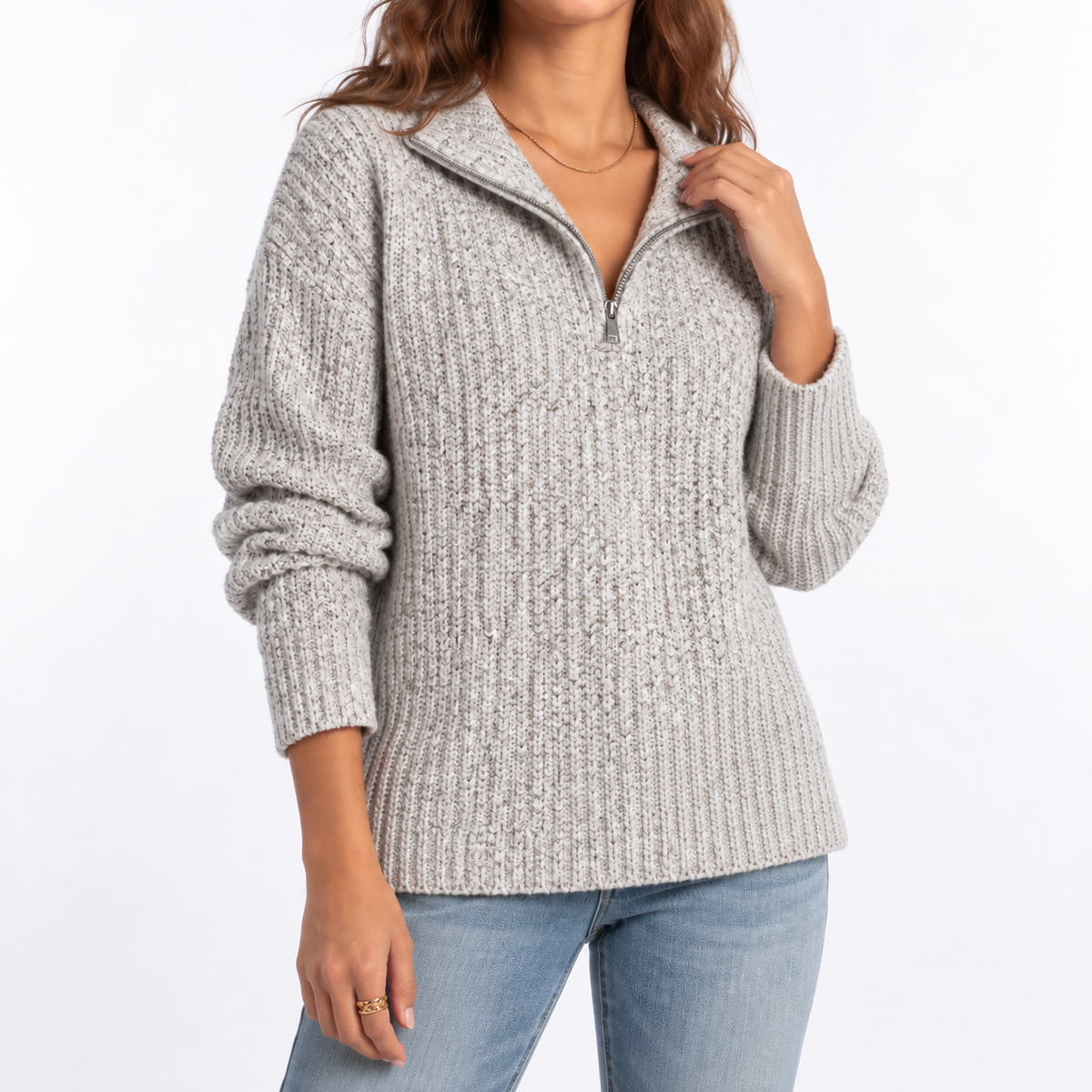Women's Textured Knit Quarter-Zip Collared Split Hem Winter Jumper