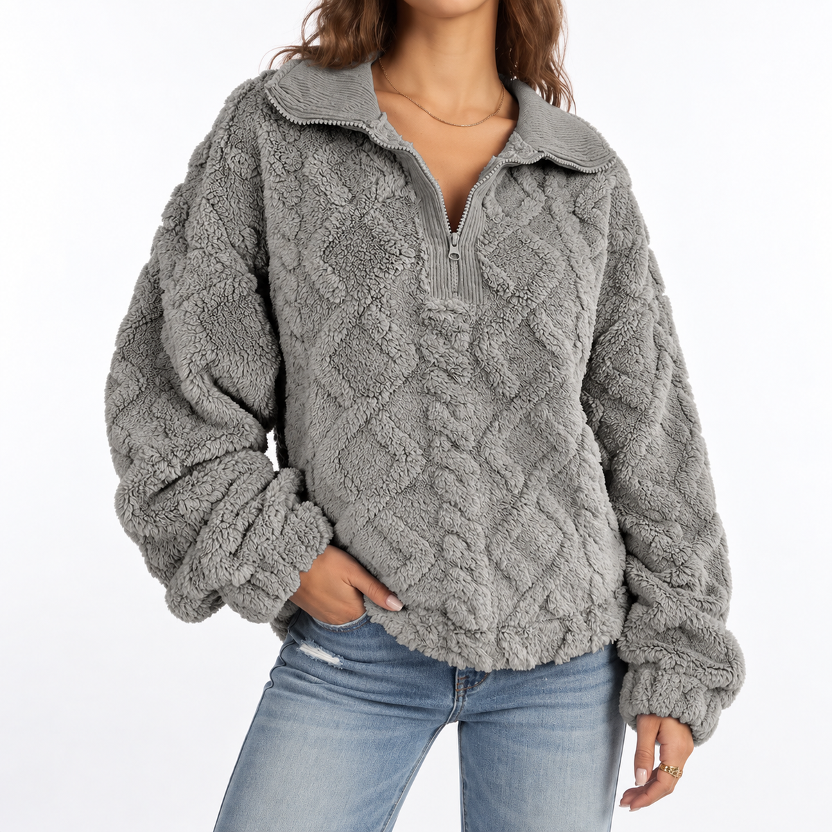 Women's Textured Cable Fleece Quarter-Zip Relaxed Fit Winter Pullover