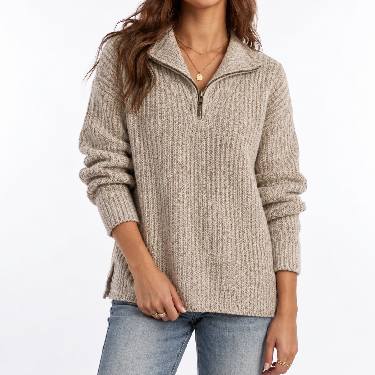 Women's Textured Knit Quarter-Zip Collared Split Hem Winter Jumper