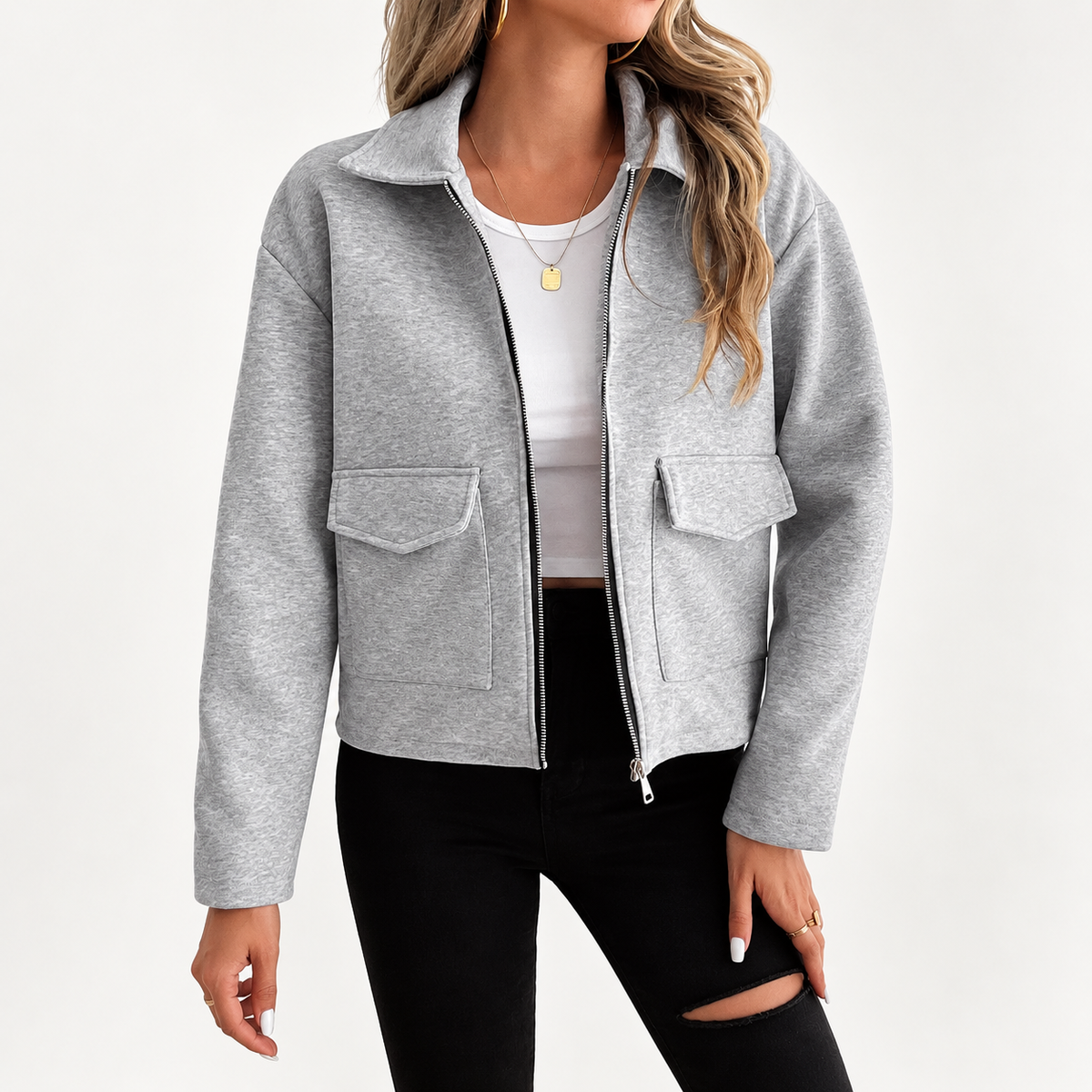 Women's Zip-Up Utility Long-Sleeve Flap Pocket Autumn Overshirt
