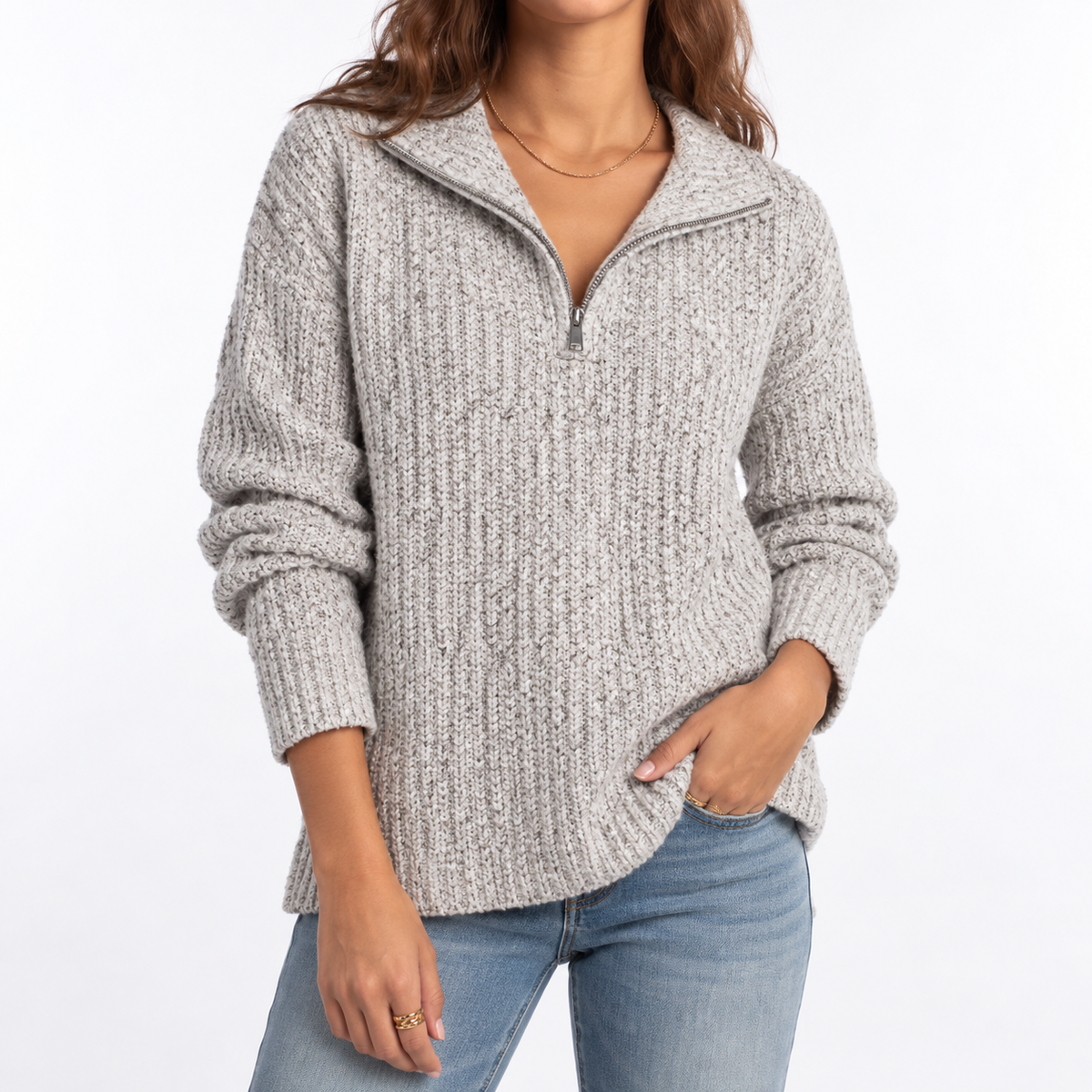 Women's Textured Knit Quarter-Zip Collared Split Hem Winter Jumper