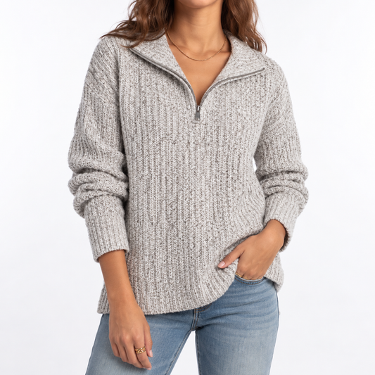 Women's Textured Knit Quarter-Zip Collared Split Hem Winter Jumper