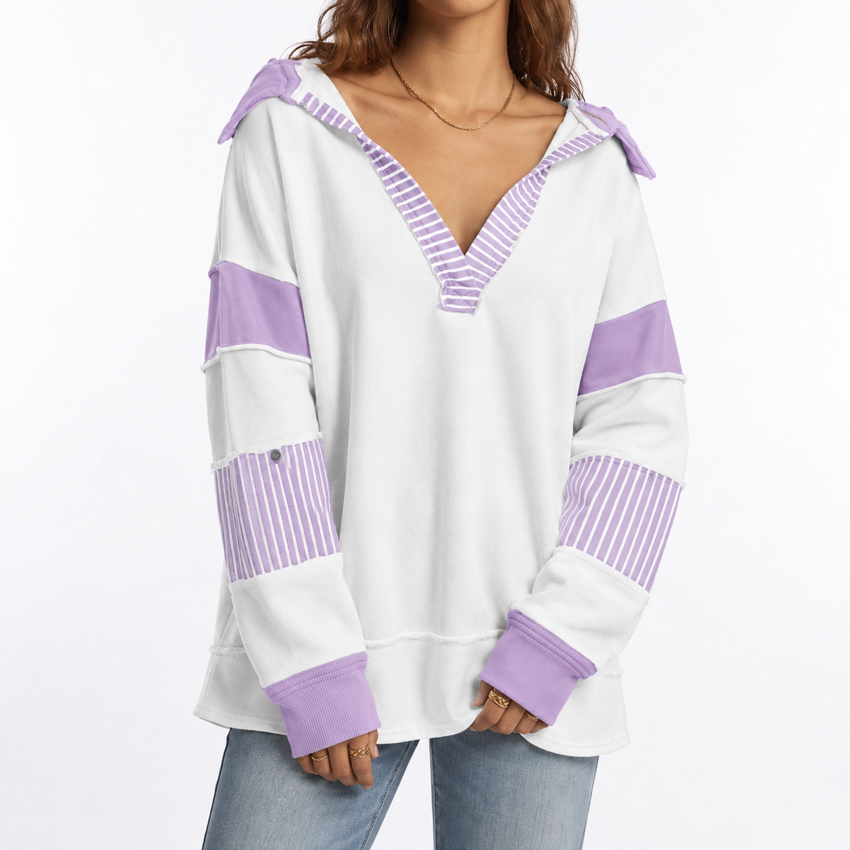 Women's Oversized Collared V-Neck Striped Sleeve Autumn Sweatshirt