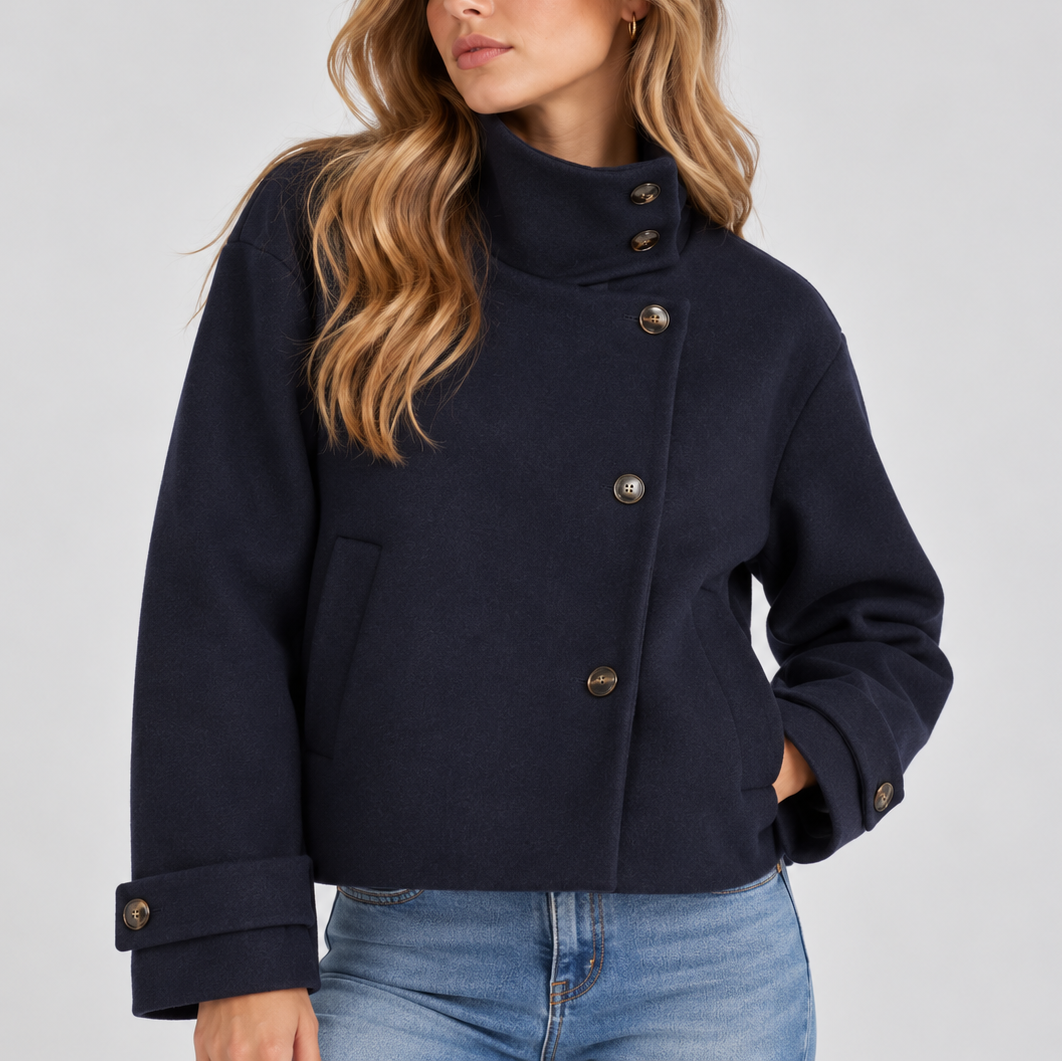 Women's High-Neck Cropped Wool-Look Asymmetric Button Winter Jacket