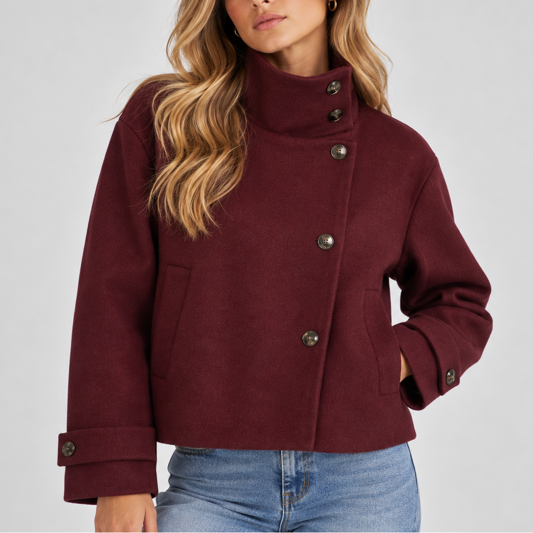 Women's High-Neck Cropped Wool-Look Asymmetric Button Winter Jacket