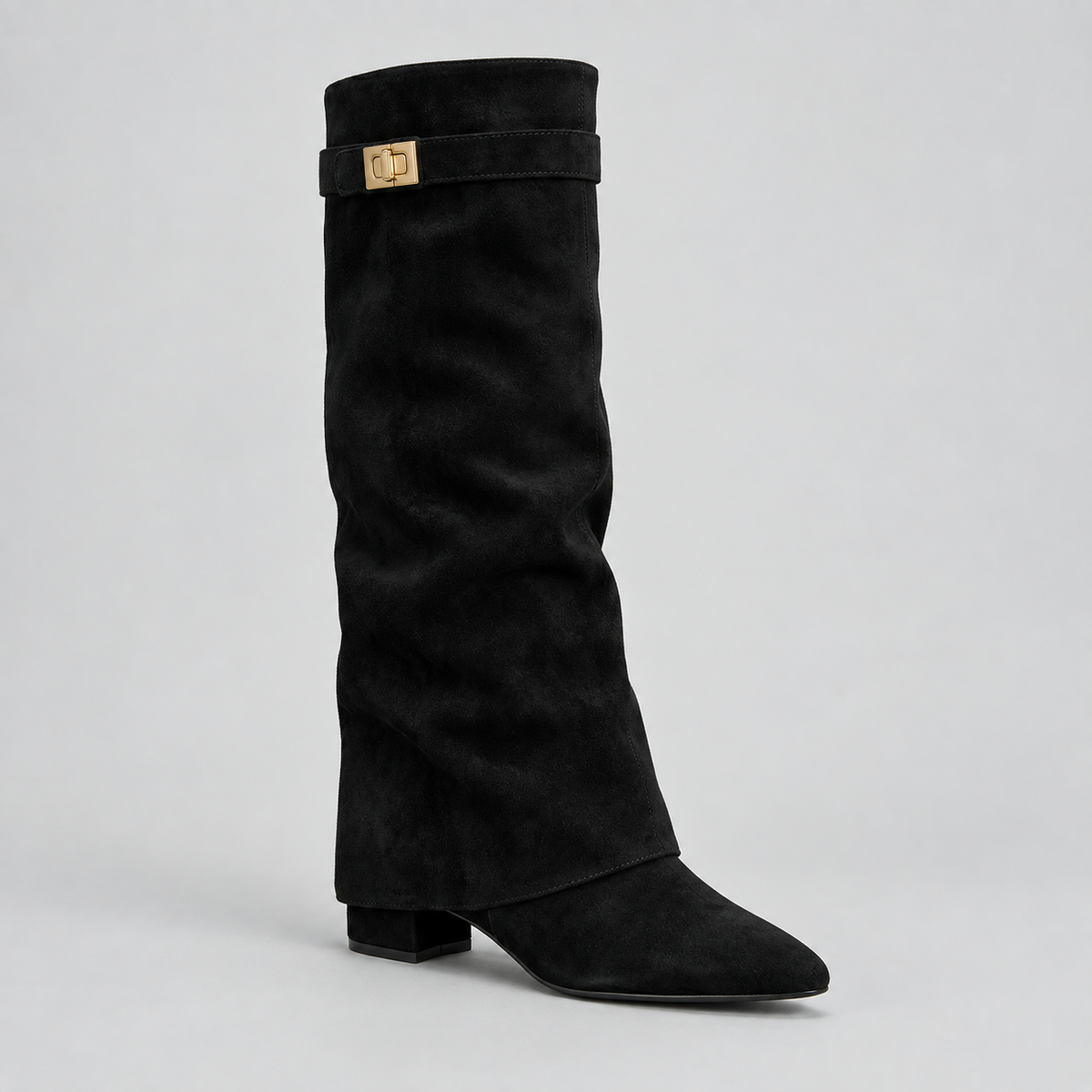 Women's Slouch Knee-High Low Block Heel Buckle Strap Winter Boots