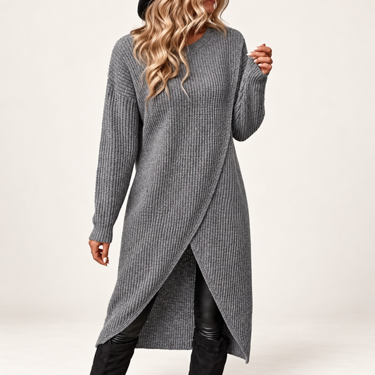 Women's Ribbed Knit Asymmetric Hem Long-Sleeve Midi Jumper Dress